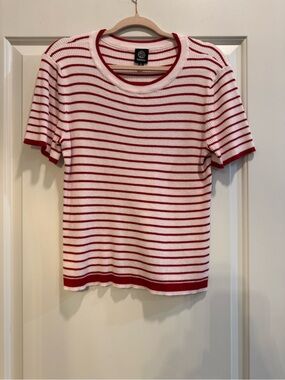 bobeau Red and White Striped Short Sleeve Rib Knit Top